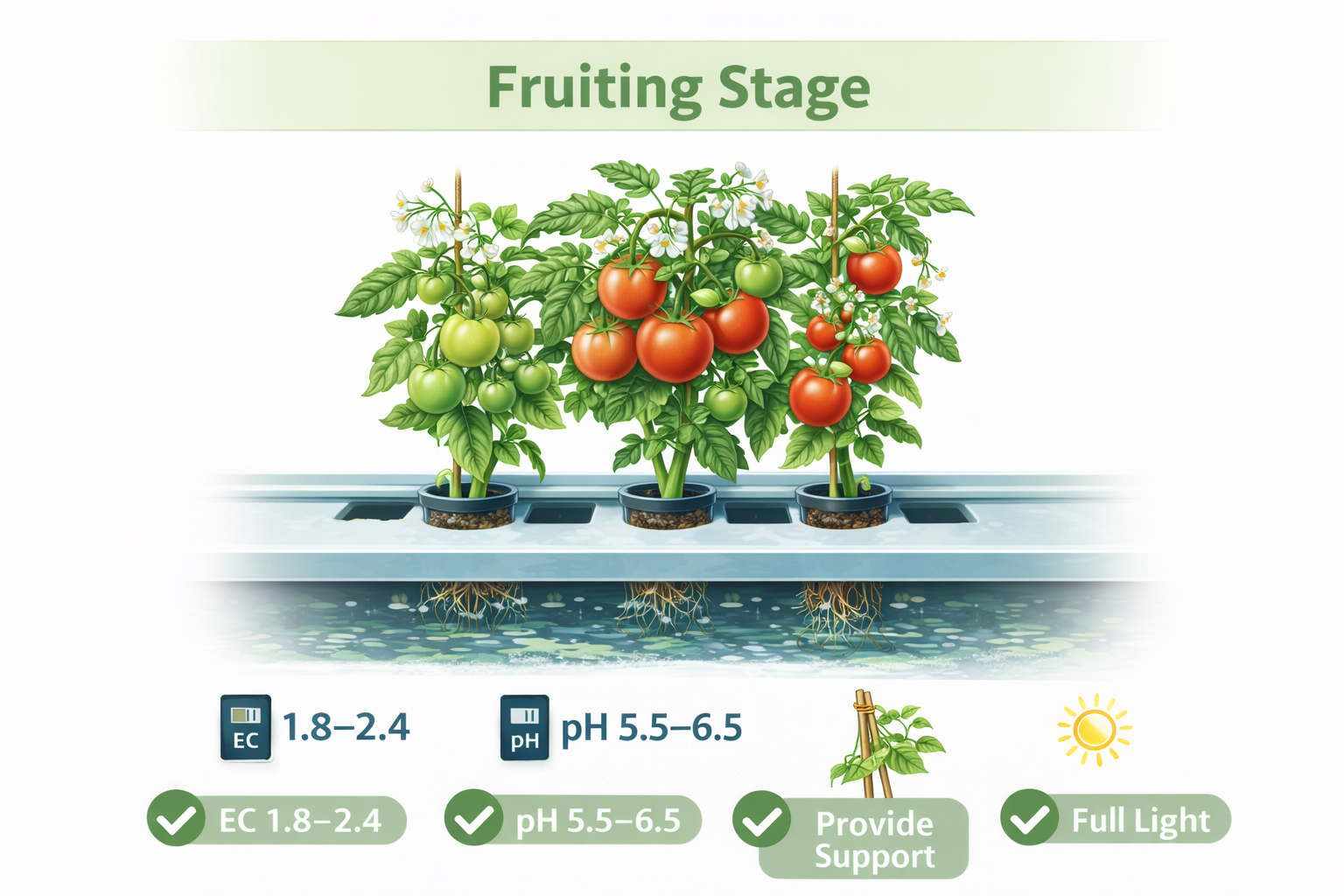 Hydroponic fruiting stage showing tomato plants with flowers and fruits