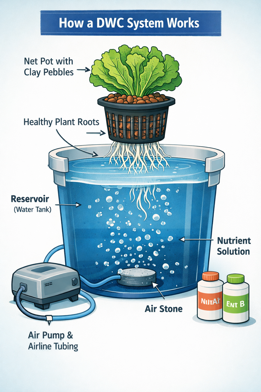 How a DWC hydroponic system works with air pump, nutrient solution, and plant roots.