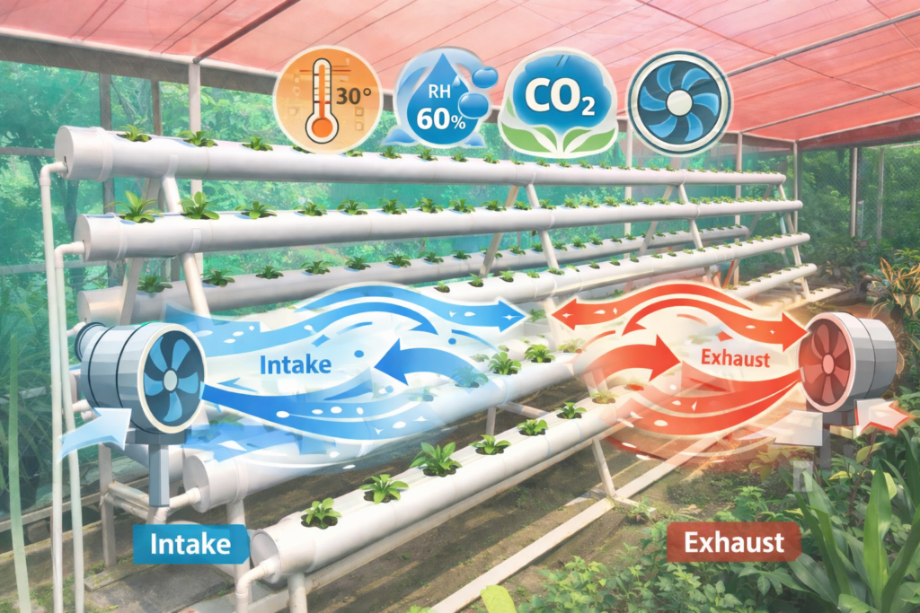 Hydroponic NFT system with round PVC pipes and ventilation setup showing air intake, exhaust fans, humidity and temperature control