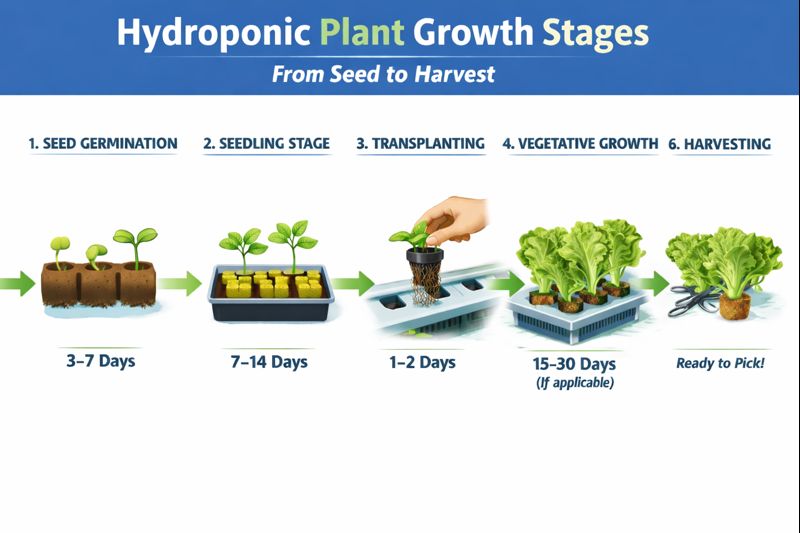 Hydroponic plant growth stages from seed to harvest