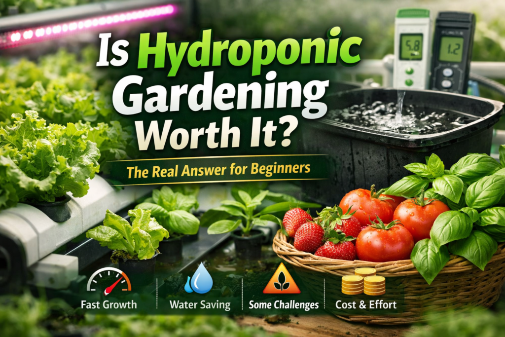 Hydroponic gardening setup with leafy greens, nutrient reservoir, and fresh vegetables, illustrating whether hydroponic gardening is worth it for beginners.