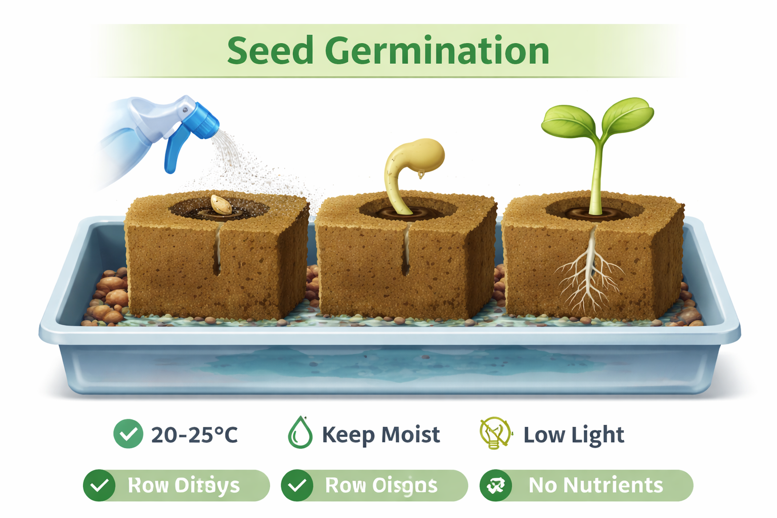 Hydroponic seed germination stage using rockwool cubes for lettuce seedlings