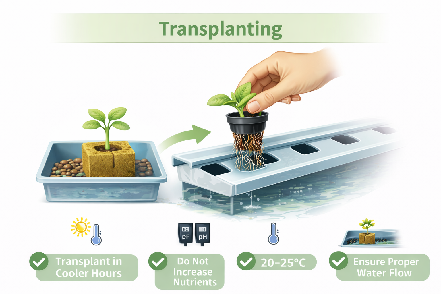 Hydroponic transplanting stage moving lettuce seedlings into NFT system