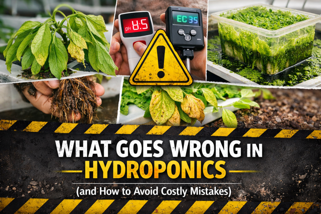 Hydroponic problems including nutrient deficiency, pH imbalance, root rot, algae growth, and pump failure in hydroponic farming.