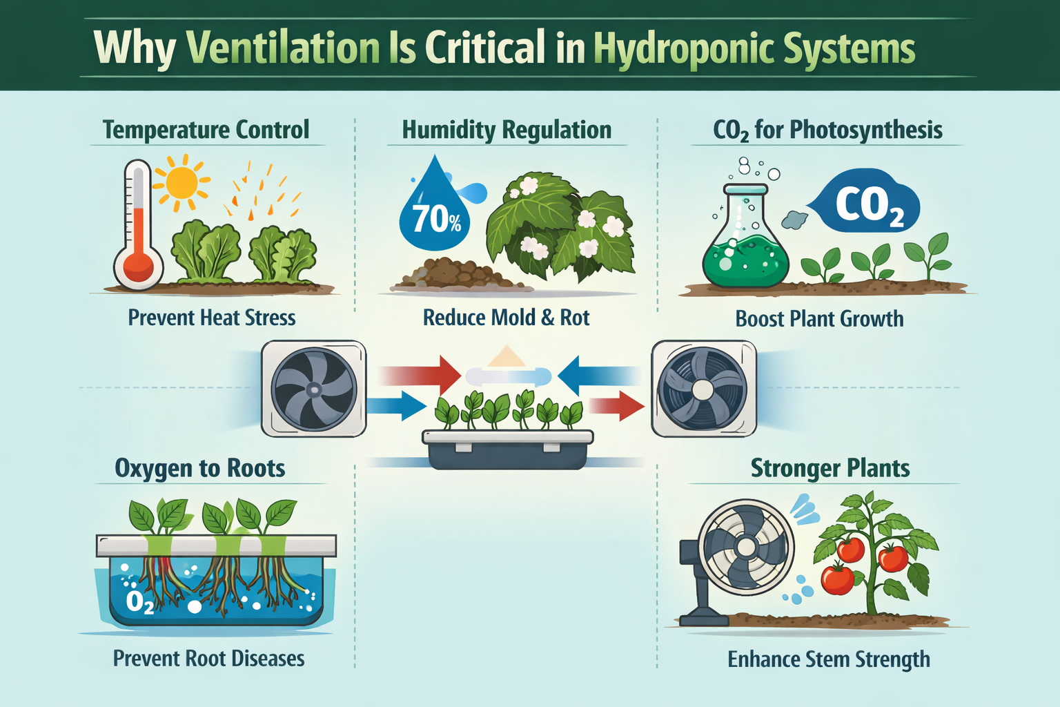 Hydroponic ventilation benefits infographic explaining temperature control, humidity management, CO2 for photosynthesis and root oxygenation