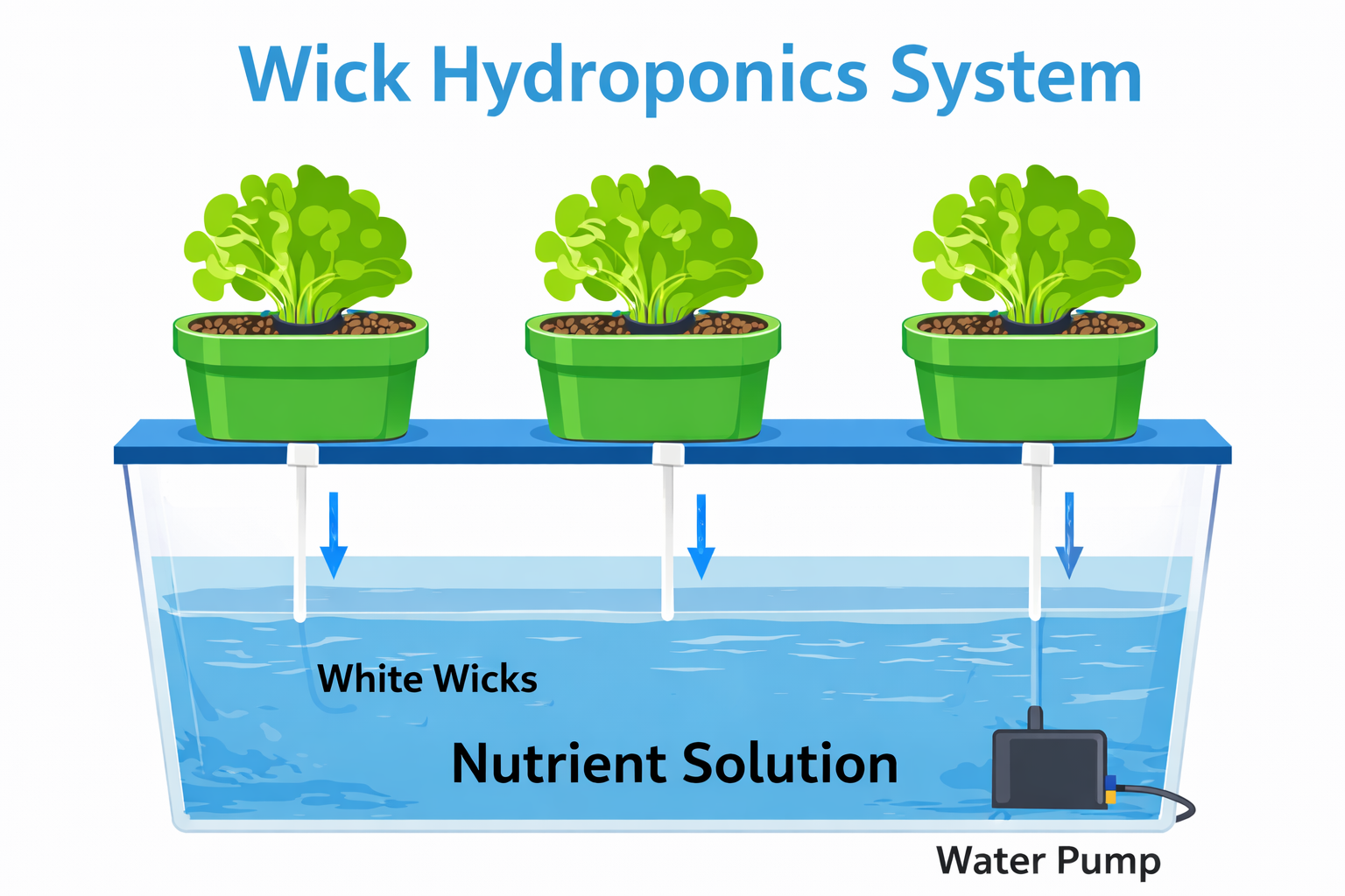 Working of Passive wick hydroponic system diagram for home herbs and microgreens