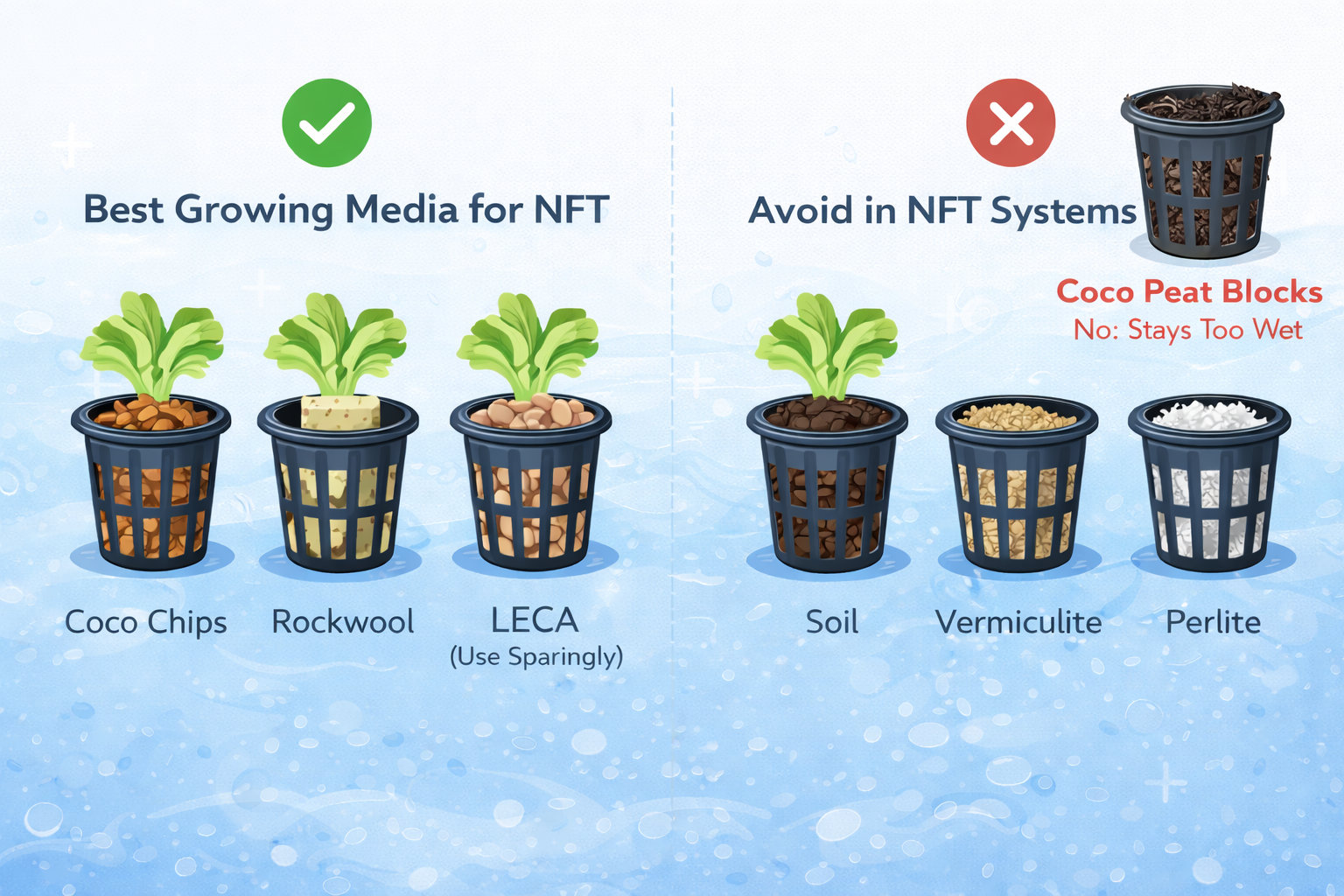 Best growing media for NFT hydroponic systems, illustrating coco chips and rockwool as ideal media and highlighting coco peat, soil, and perlite as unsuitable for NFT.