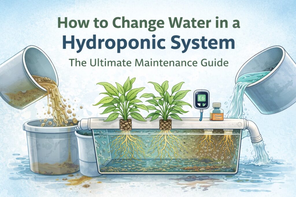 How to change water in a hydroponic system illustrated with a step-by-step reservoir flush, clean nutrient refill, and healthy plant roots