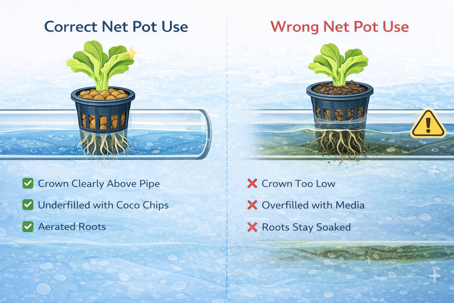 Correct net pot setup in NFT hydroponics with aerated roots and dry crown.