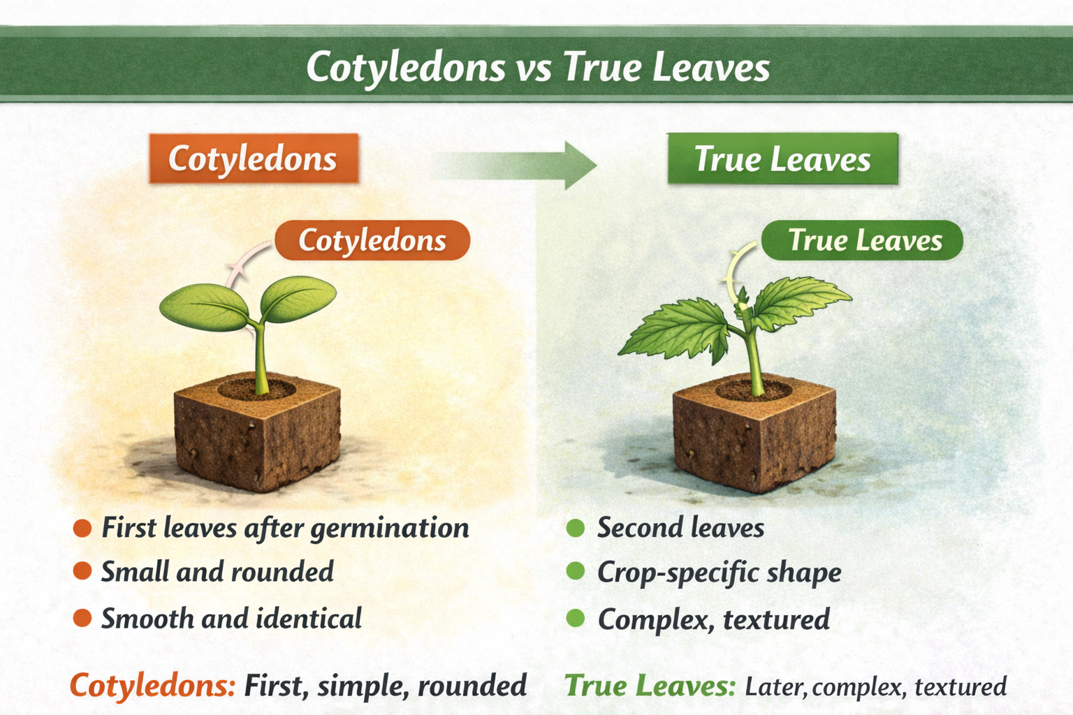 Hydroponic seedling stages showing difference between cotyledons and true leaves, where cotyledons appear first and true leaves form later with complex structure.