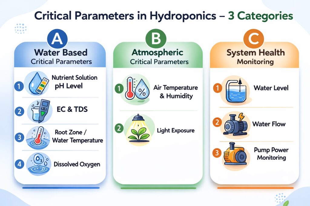 Hydroponic critical parameters chart showing pH, EC, dissolved oxygen, temperature, humidity, light exposure, water level, and pump monitoring.