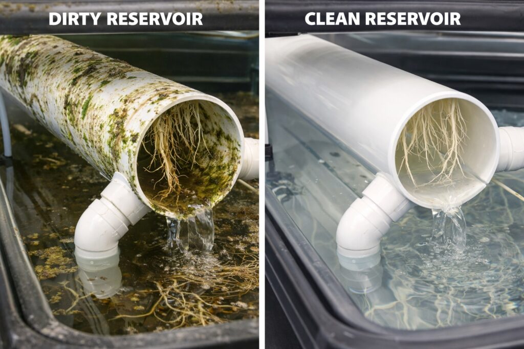 NFT hydroponic reservoir before and after cleaning, highlighting algae growth, root debris, and restored clean nutrient flow