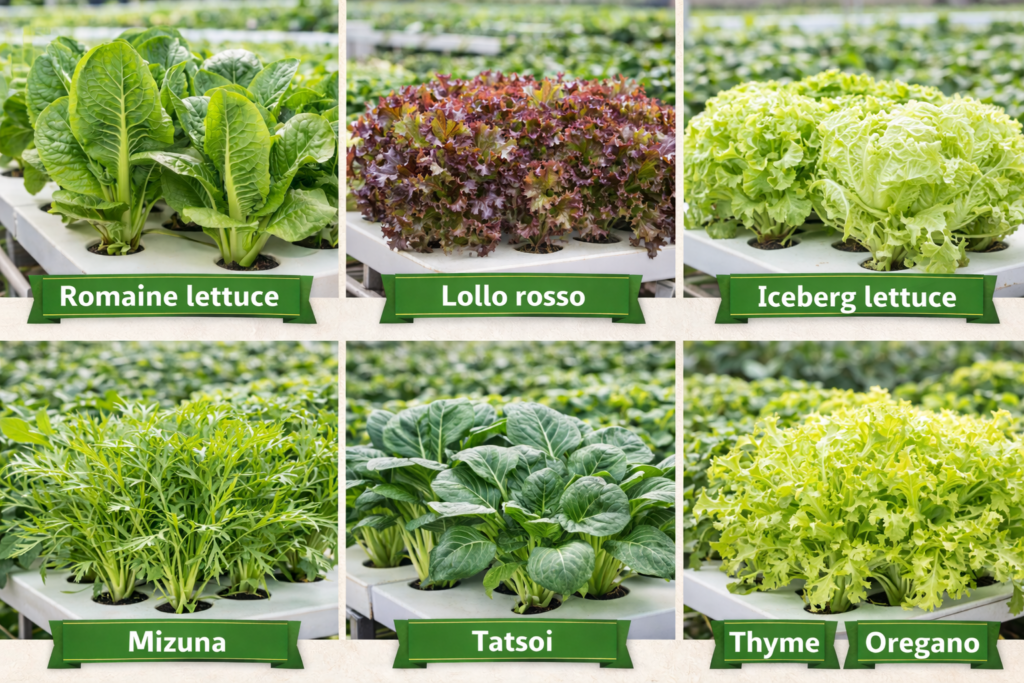 Exotic and specialty leafy greens grown in hydroponics such as romaine lettuce, lollo rosso, iceberg lettuce, mizuna, tatsoi, and endive.