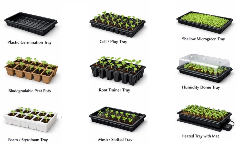 Various seed germination trays such as plug trays, microgreen trays, peat pots, heated trays, foam trays, and mesh trays.