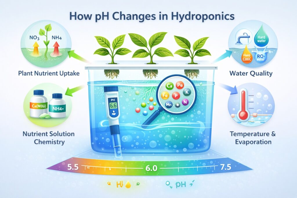 Hydroponic system diagram showing factors that cause pH to rise or fall in the nutrient solution.