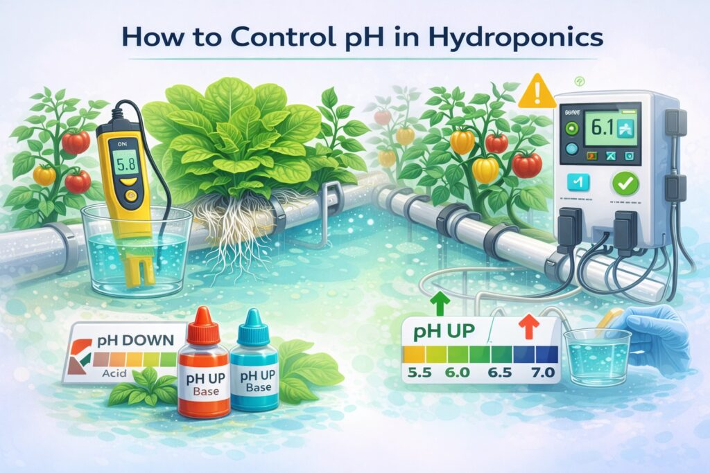 Hydroponic system illustration demonstrating pH monitoring and adjustment to maintain optimal nutrient solution balance.