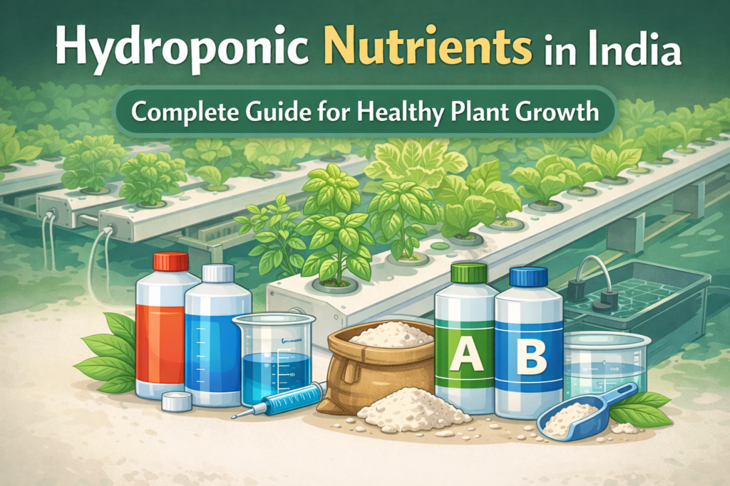Featured image illustrating hydroponic nutrients in India including liquid nutrients, powdered nutrients, organic nutrients, and A-B part nutrient solutions.