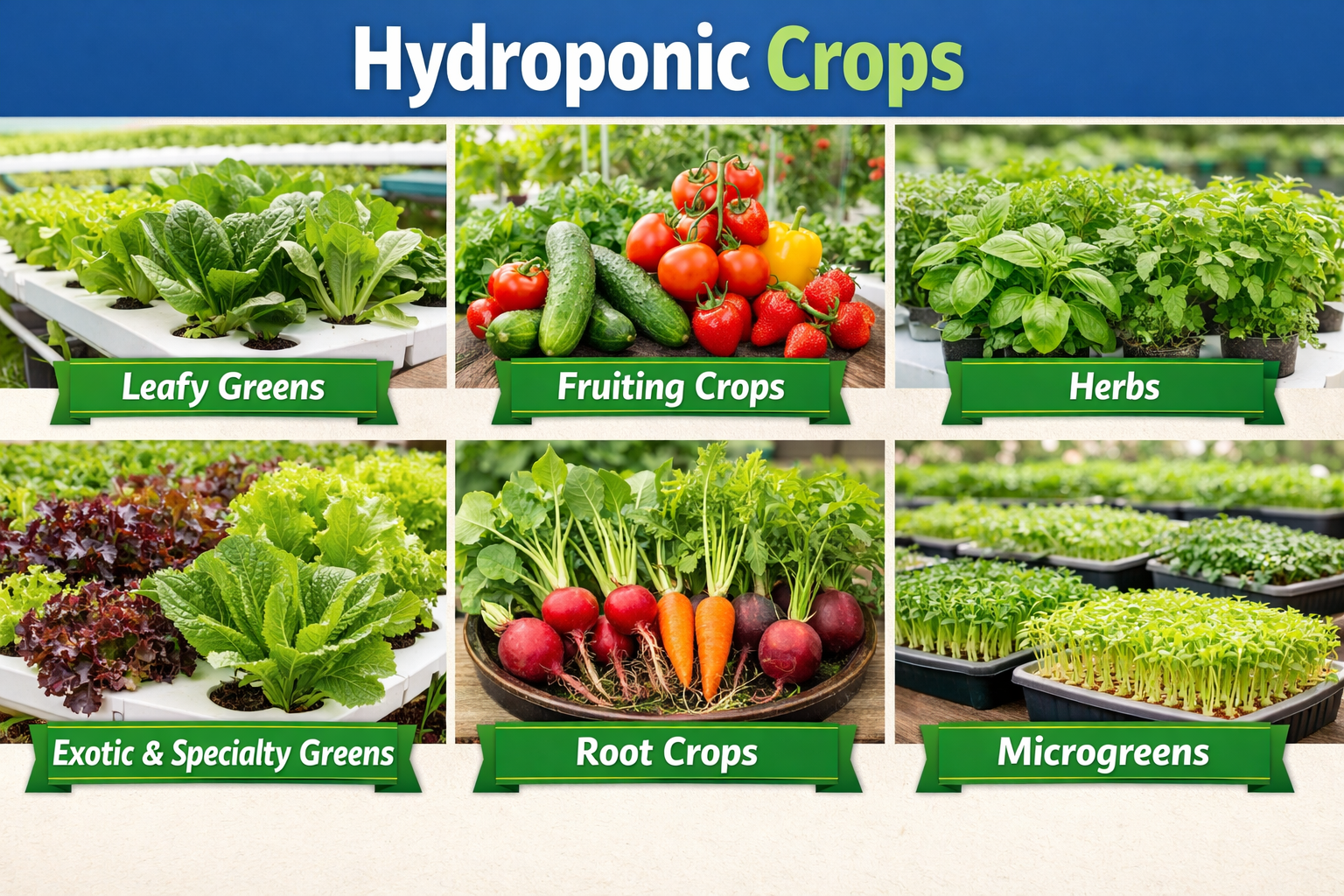 Hydroponic crops infographic illustrating leafy greens, fruiting vegetables, herbs, exotic specialty greens, root crops, and microgreens.