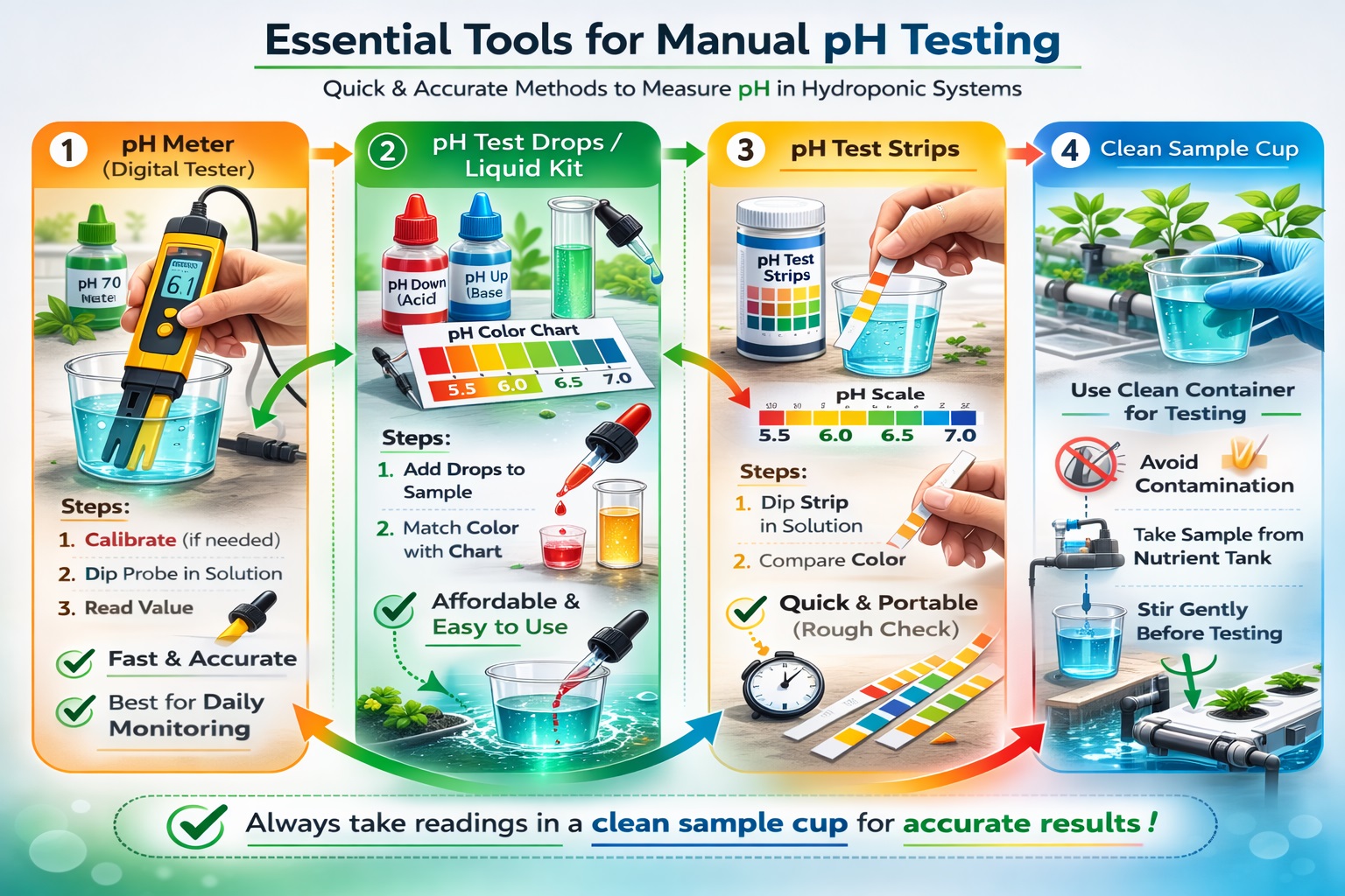 Hydroponic pH testing tools shown, including a digital pH meter, liquid test drops, pH strips, and a clean sample cup.