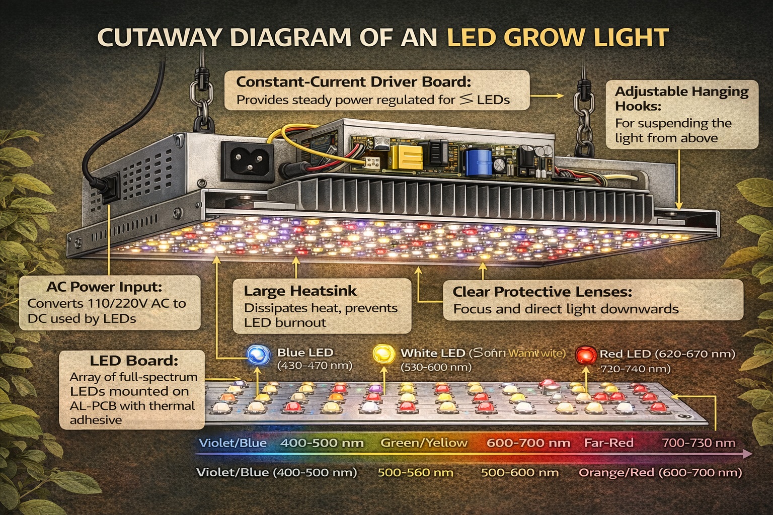 LED grow light cutaway diagram showing internal parts and full-spectrum LED arrangement for indoor plant growth.