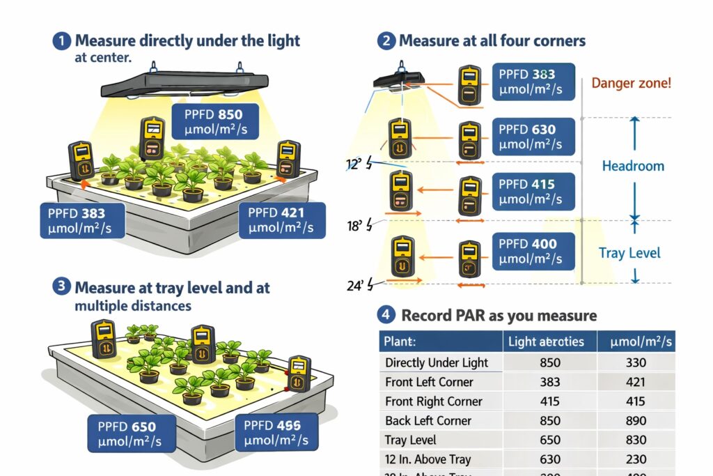 Hydroponic grow light PPFD measurement guide showing inverse square law effect, corner readings, tray level readings, and data logging.
