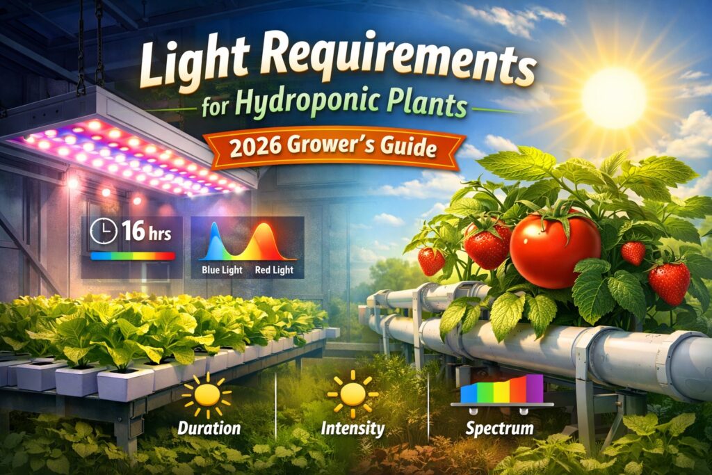 Light Requirements for Hydroponic Plants 2026 guide showing indoor LED grow lights, sunlight system, and spectrum comparison for lettuce, tomatoes, and strawberries.