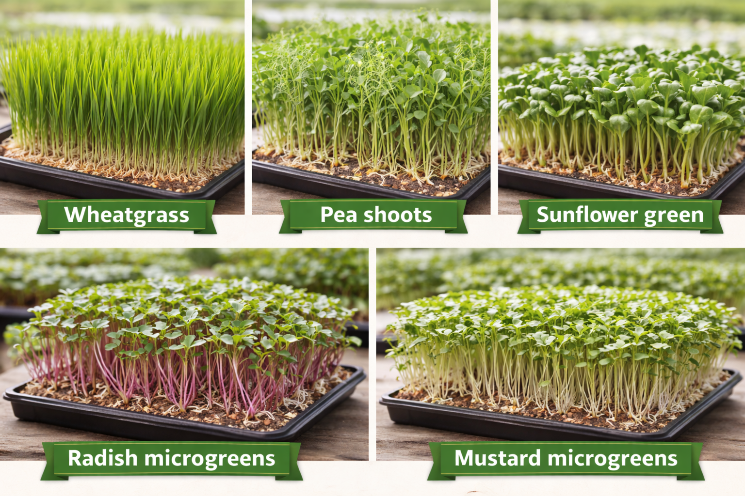 Hydroponic microgreens such as wheatgrass, pea shoots, sunflower greens, radish microgreens, and mustard microgreens.