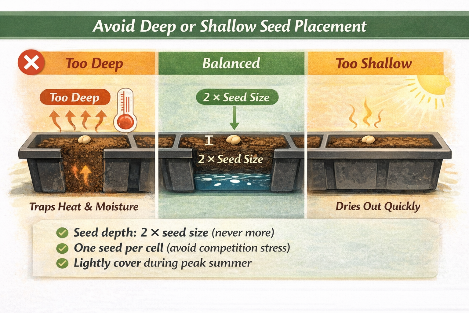 Hydroponic seed germination diagram showing optimal seed depth, avoiding deep or shallow placement, and correct spacing with one seed per cell.
