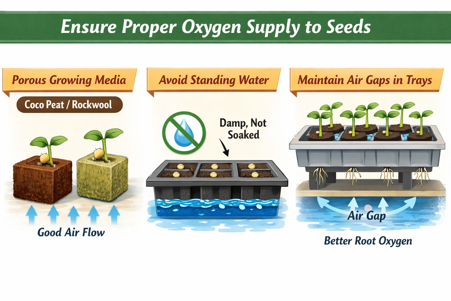 Hydroponic seed germination showing porous growing media, no standing water, and air gaps in trays to ensure proper oxygen supply.