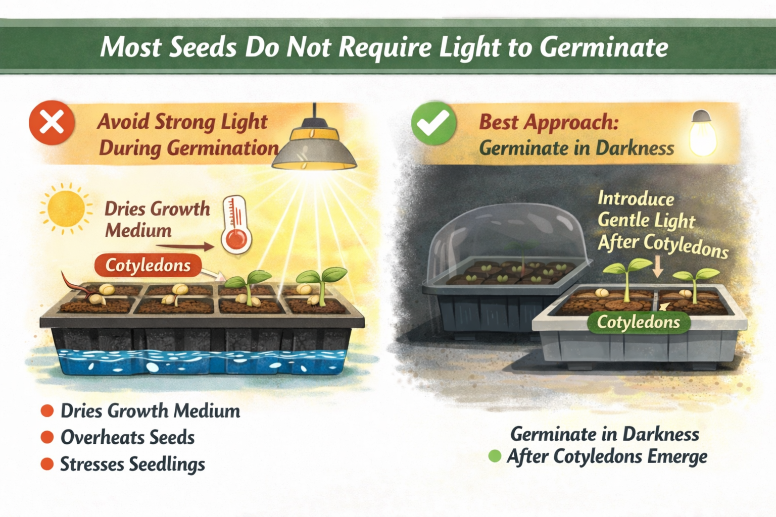 Hydroponic seed germination in light vs dark conditions, showing poor germination under strong light and healthy seedlings when germinated in darkness.