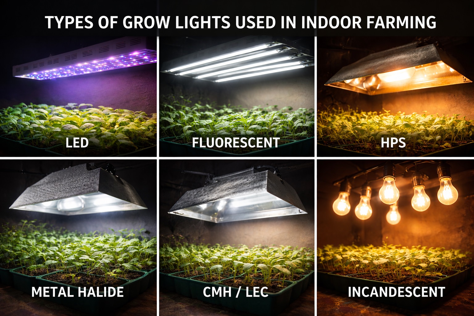 The impage shows different types of Grow Lights for Hydroponics indoor systems