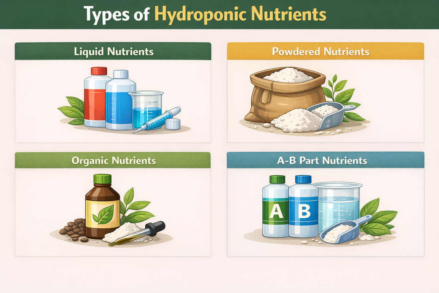 Different types of hydroponic nutrients including liquid, powdered, organic, and A-B part nutrient systems illustrated for hydroponic farming.