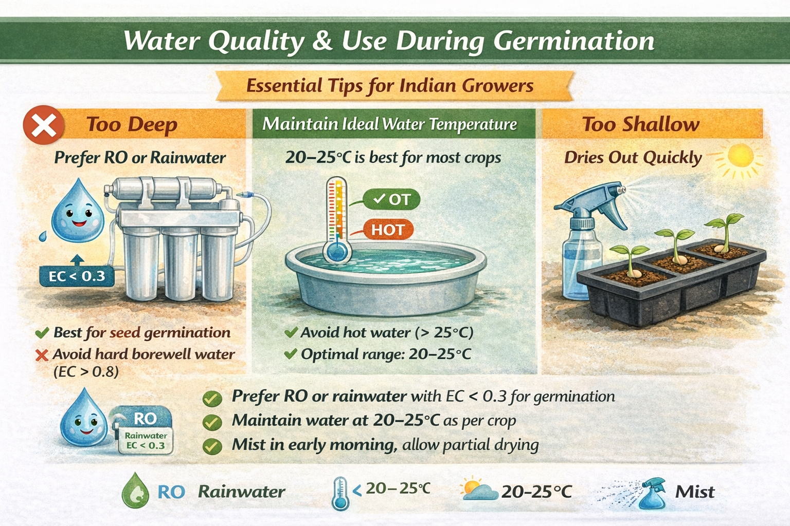 Hydroponic seed germination watering practices showing RO or rainwater, mist watering, early morning application, and avoidance of overwatering