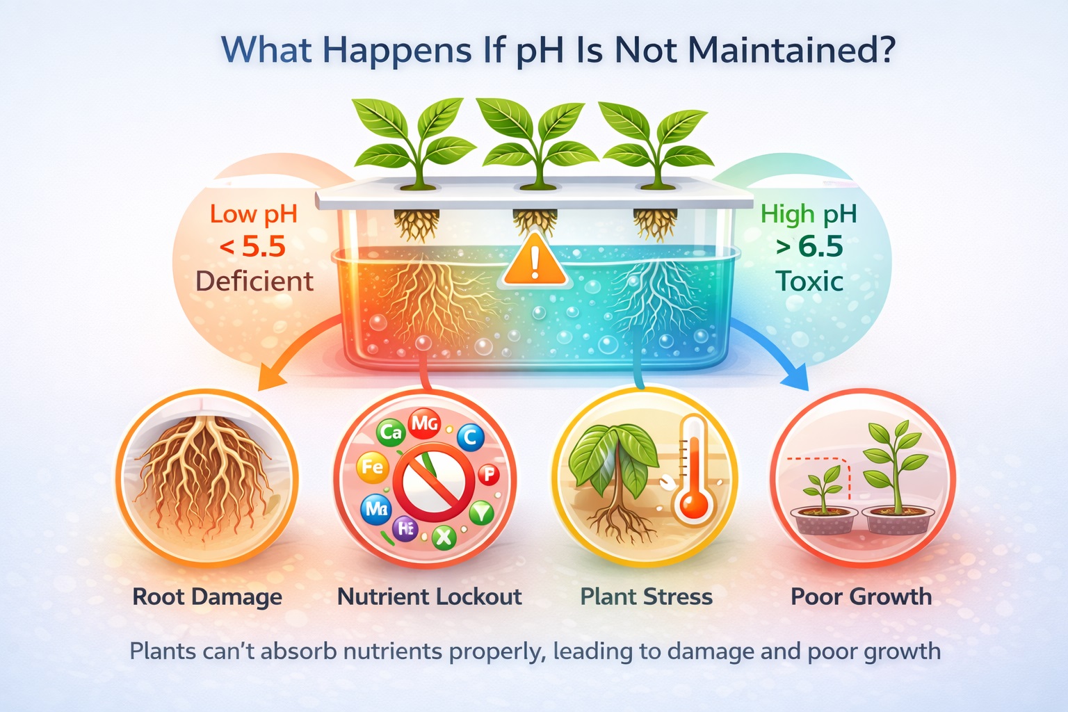 Hydroponic system illustration showing problems caused by low and high pH, such as nutrient lockout and poor plant growth.
