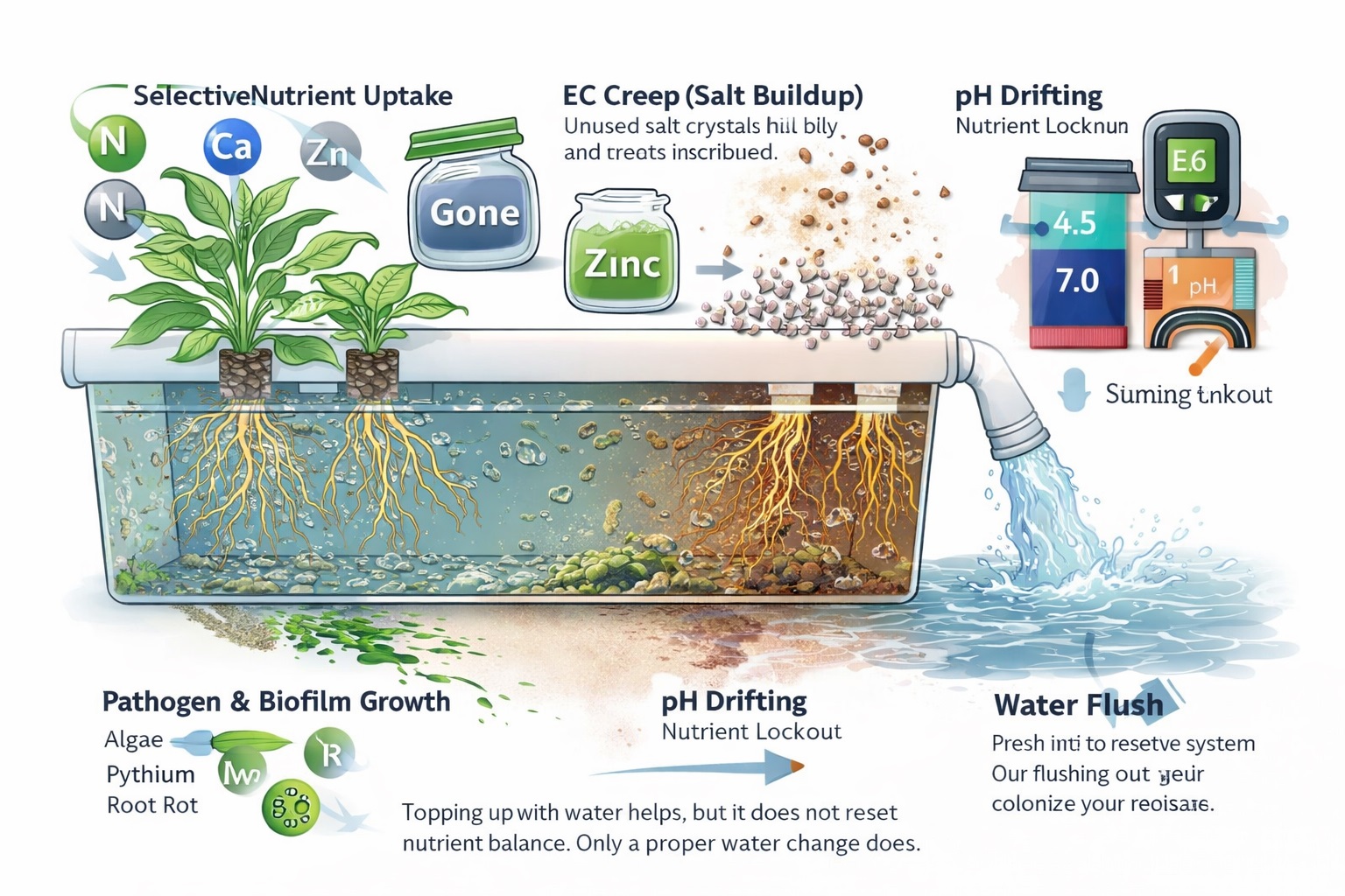 Visual explanation of why to change water in a hydroponic system, showing selective nutrient uptake, EC creep, pH drifting, and pathogen growth