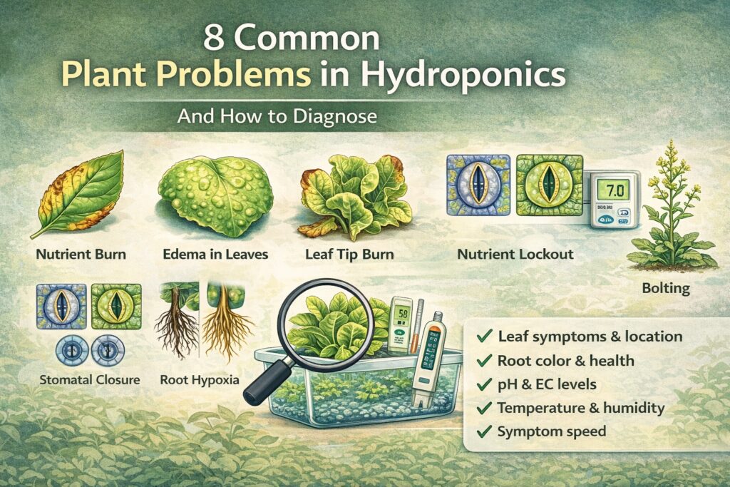 Infographic of common hydroponic plant problems and how to diagnose them.