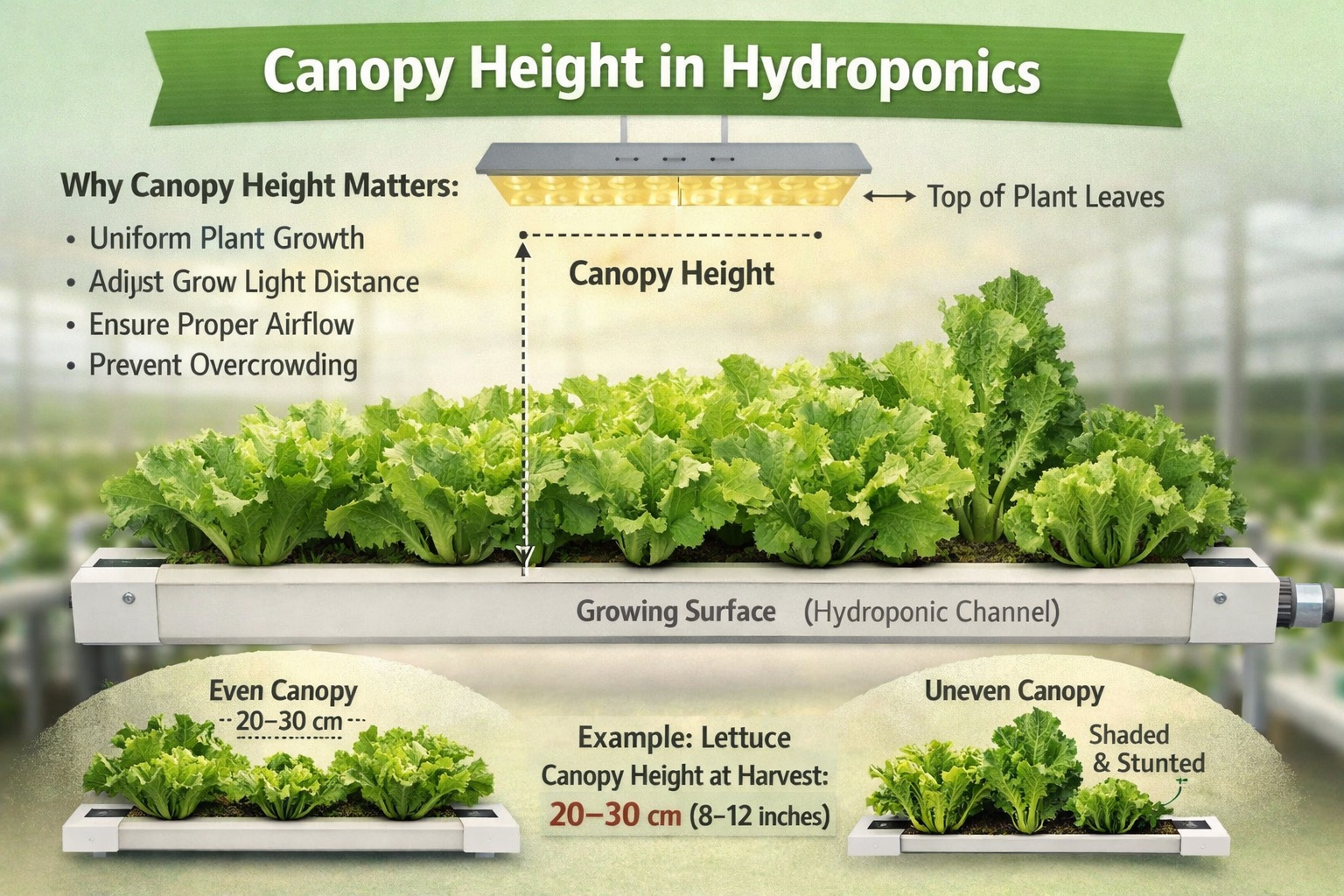 Diagram explaining canopy height in hydroponics showing the distance from the growing channel to the top of plant leaves in an NFT lettuce system.
