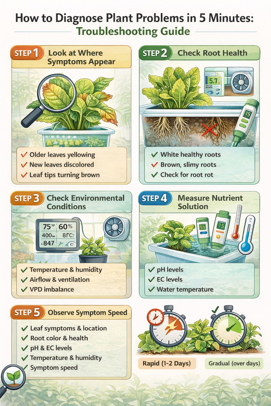 Infographic showing a 5-step troubleshooting guide to diagnose plant problems by checking leaf symptoms, root health, environmental conditions, nutrient solution, and symptom speed.
