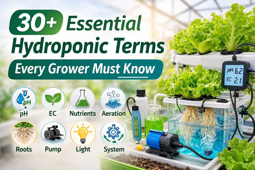 Featured image showing a hydroponic NFT system with lettuce plants and icons representing 30+ essential hydroponic terms such as pH, EC, root zone, nutrients, light, and water flow.