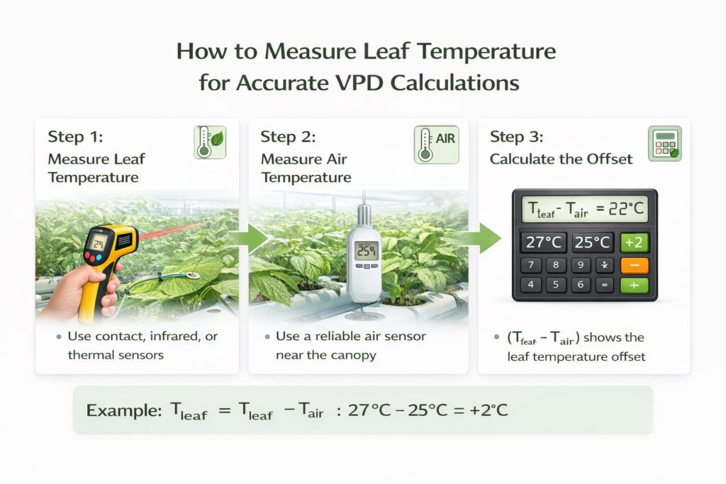 Step-by-step infographic showing how to measure leaf temperature and air temperature to calculate leaf temperature offset for accurate VPD monitoring.