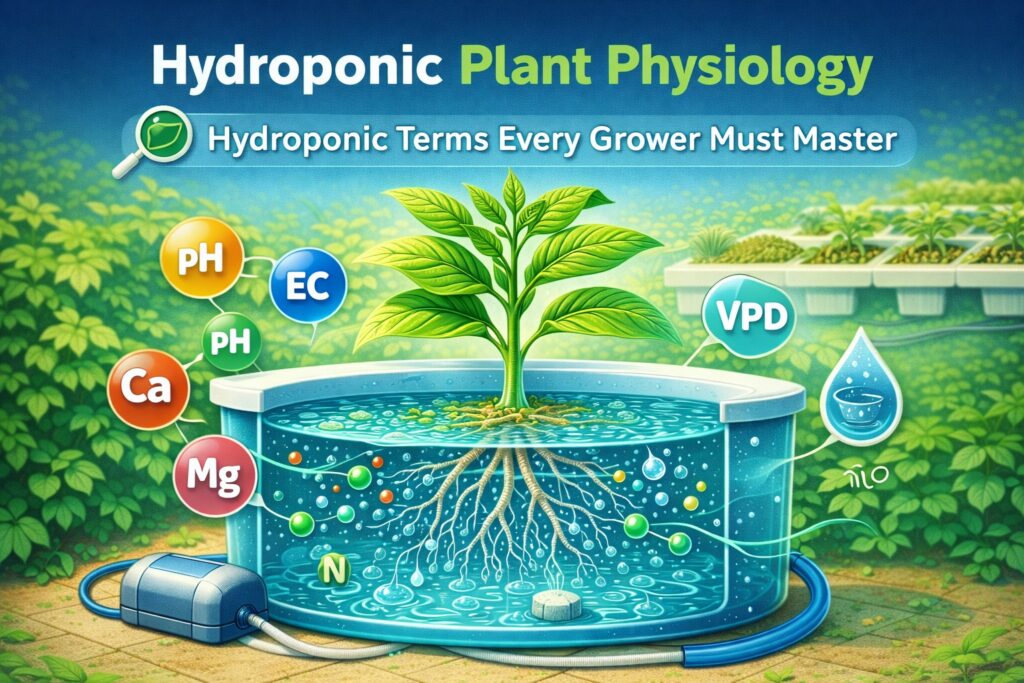 Illustration of hydroponic plant physiology showing roots absorbing nutrients in a hydroponic reservoir with pH, EC, and VPD indicators.