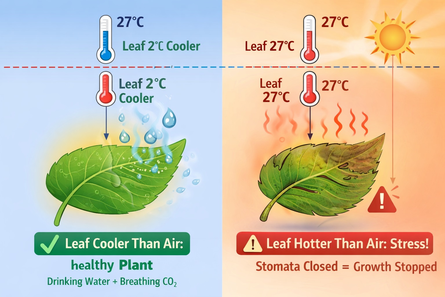 Diagram comparing healthy plant leaf cooling through transpiration with a stressed leaf where stomata close and leaf temperature rises above air temperature.