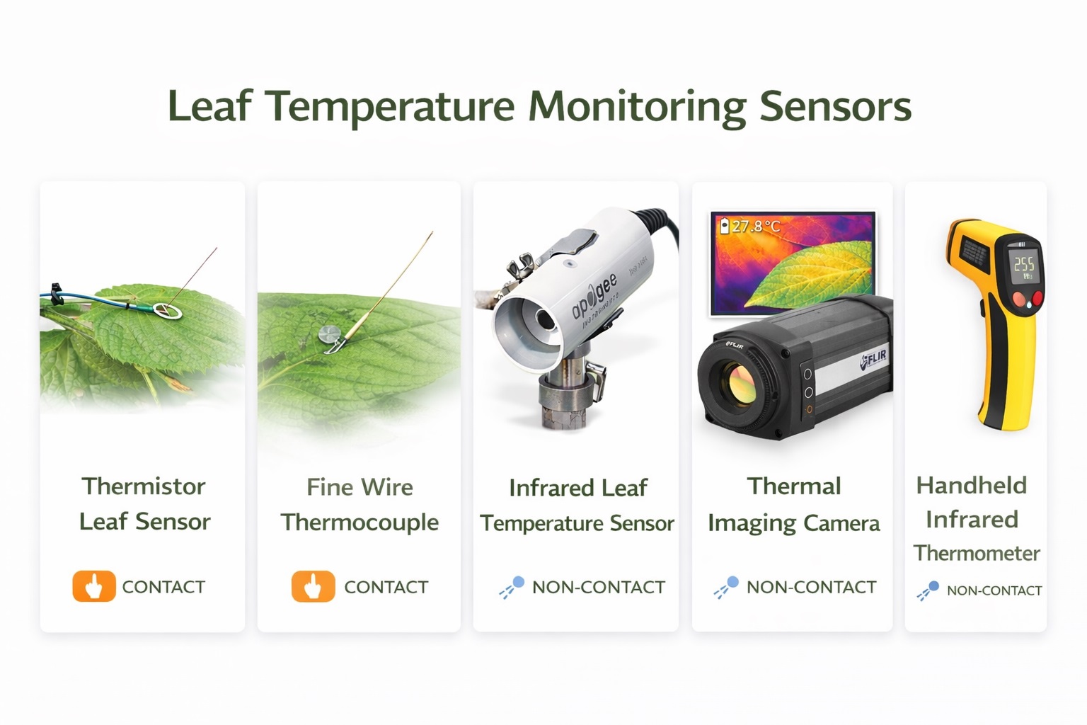 Infographic showing leaf temperature monitoring sensors including thermistor leaf sensor, fine wire thermocouple, infrared leaf temperature sensor, thermal imaging camera, and handheld infrared thermometer.
