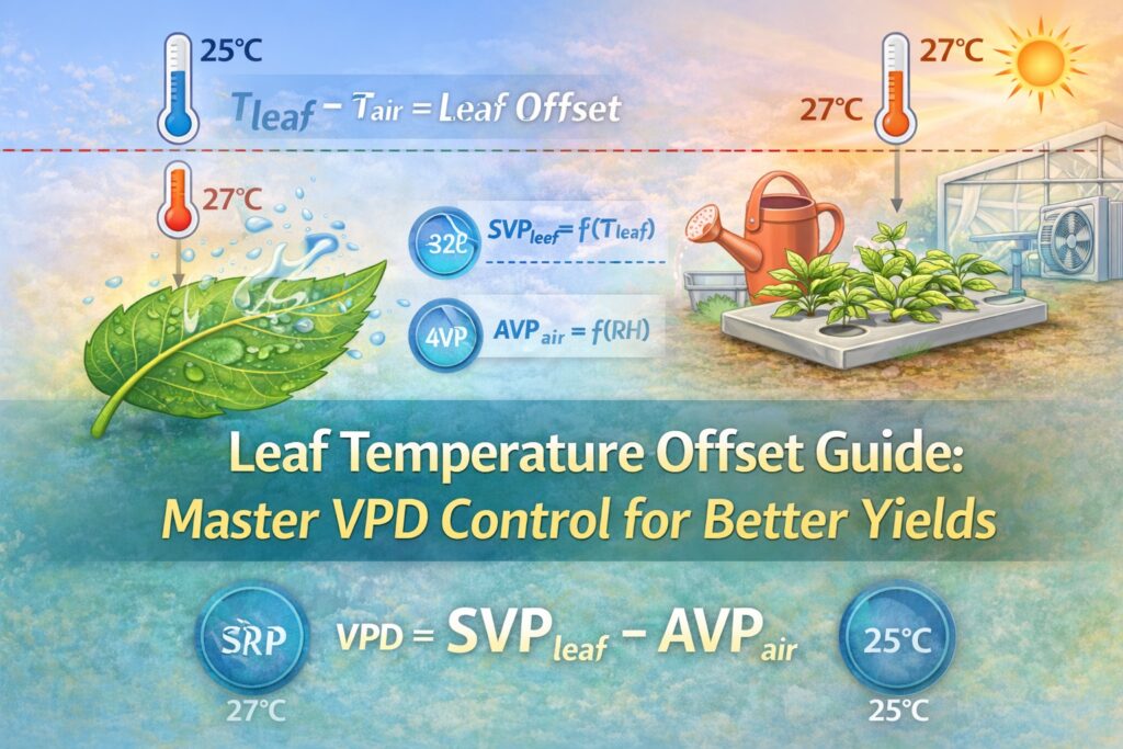 Featured image explaining leaf temperature offset and VPD control showing difference between air temperature and leaf temperature in a greenhouse environment.