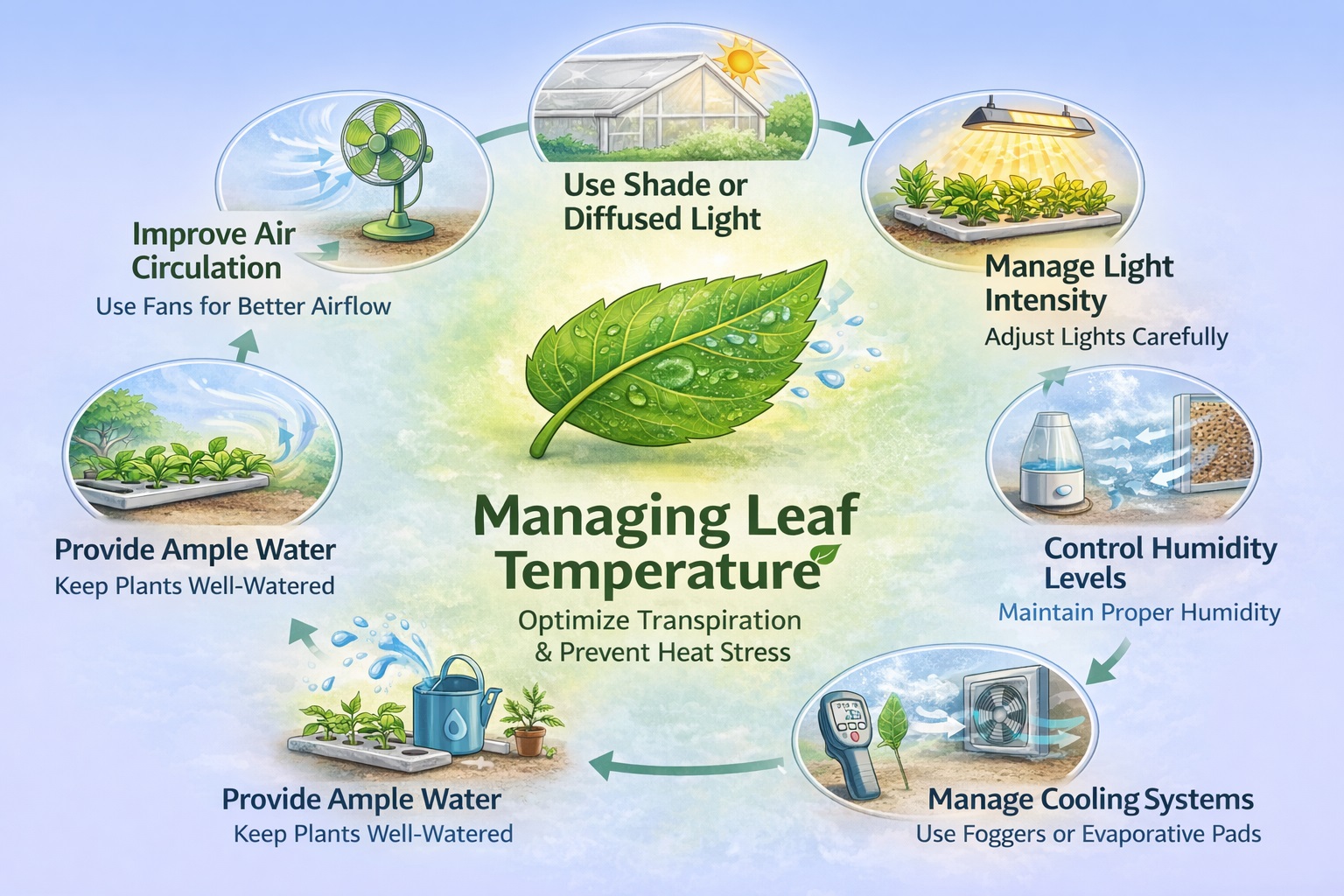Infographic explaining how to manage leaf temperature using airflow, light control, humidity management, irrigation, shading, and cooling systems.