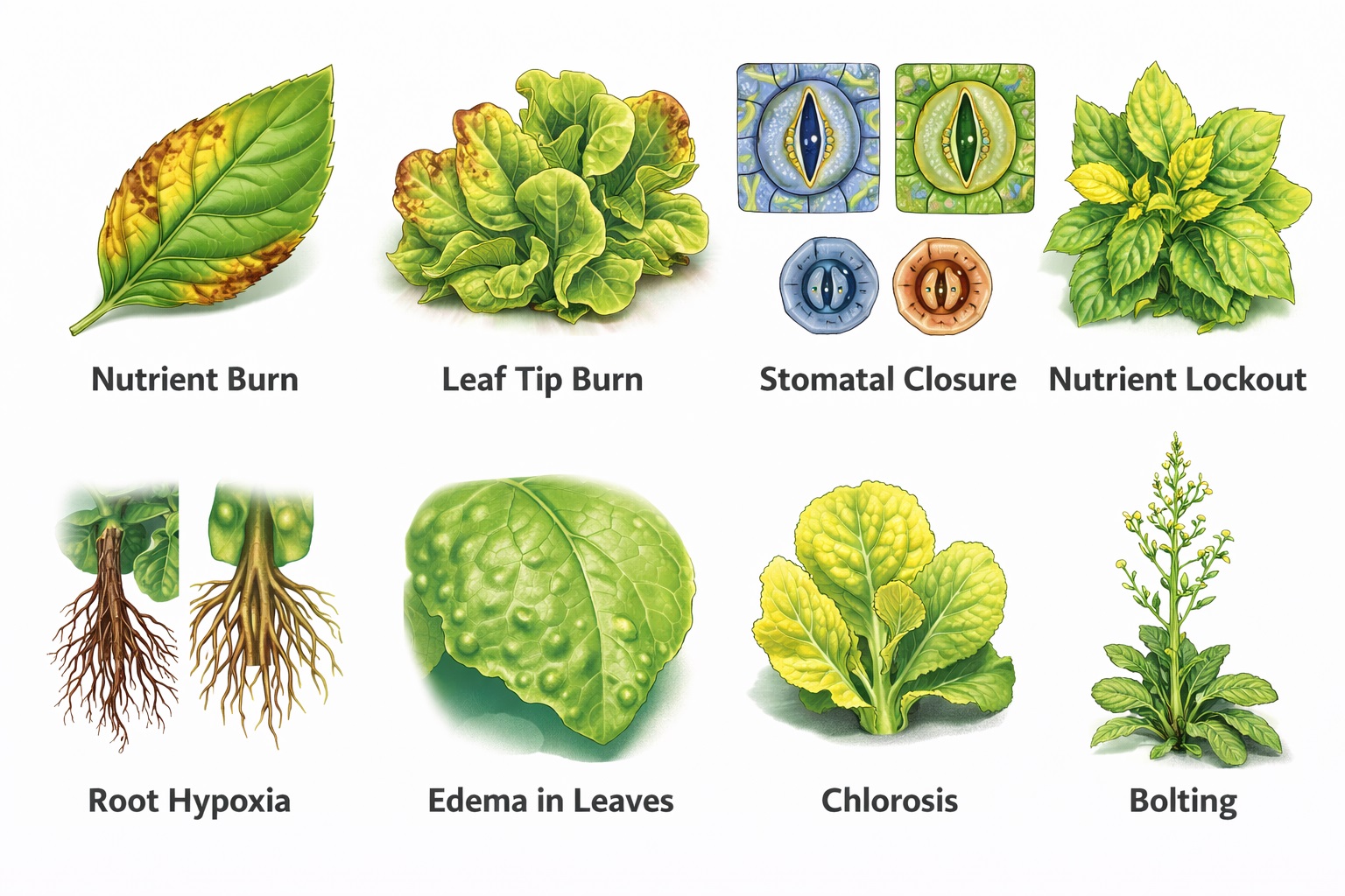 Infographic showing eight common plant problems including nutrient burn, leaf tip burn, stomatal closure, nutrient lockout, root hypoxia, leaf edema, chlorosis, and bolting.