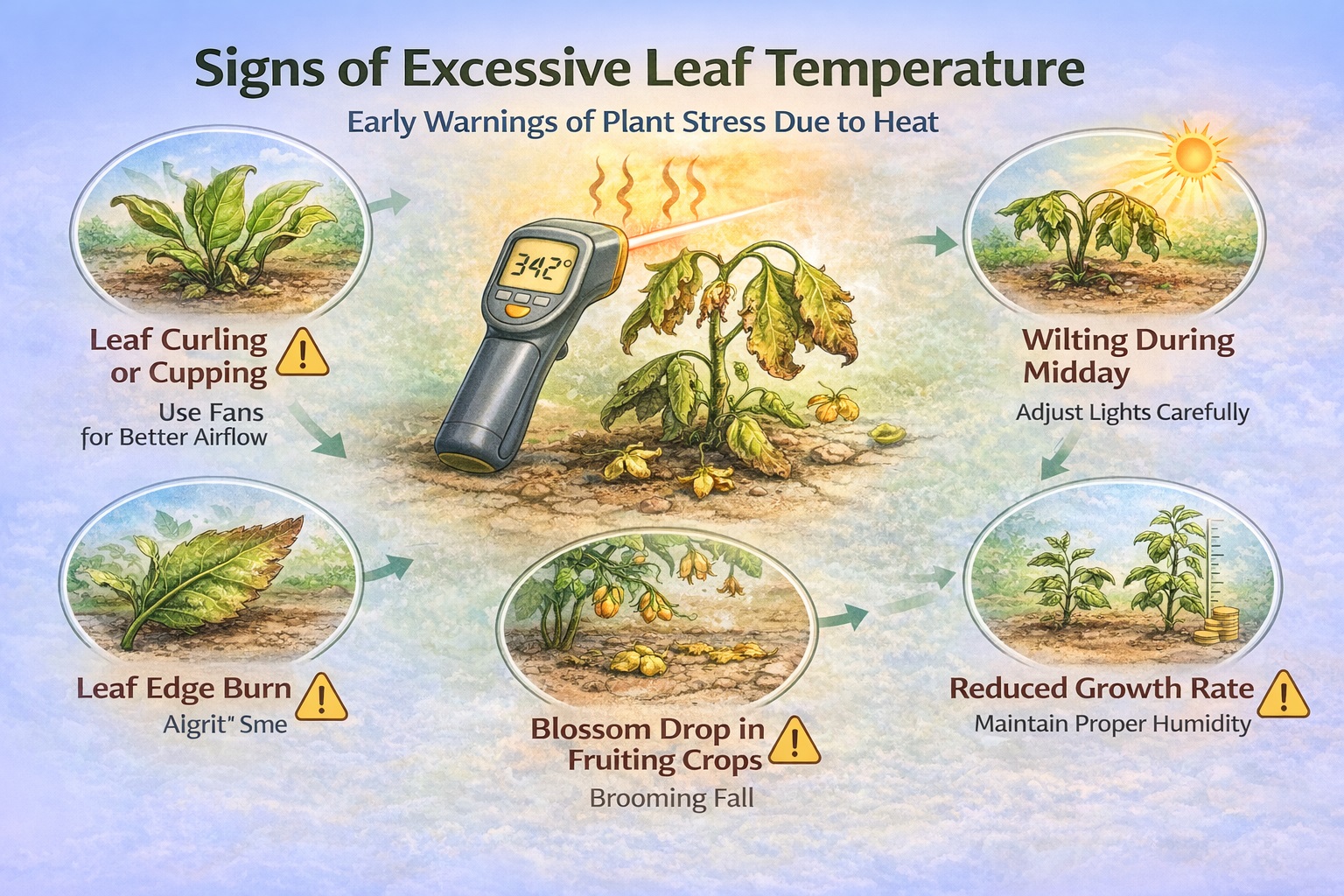 Infographic showing signs of excessive leaf temperature in plants including leaf curling, midday wilting, leaf edge burn, reduced growth rate, and blossom drop.