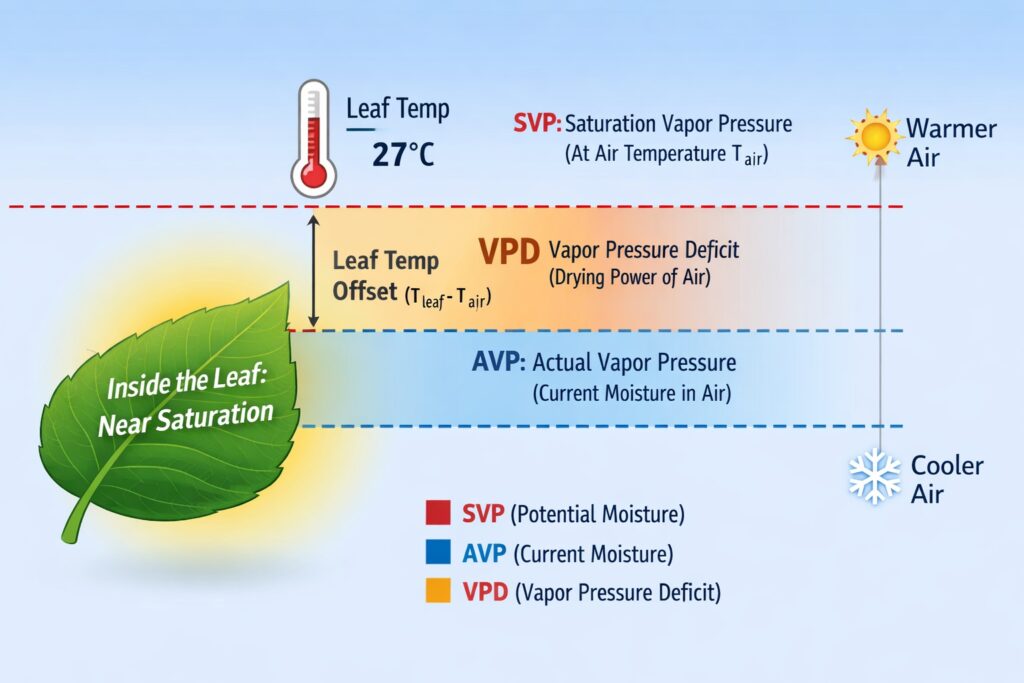 Diagram showing the relationship between Saturation Vapor Pressure (SVP), Actual Vapor Pressure (AVP), Vapor Pressure Deficit (VPD), and leaf temperature offset in plant transpiration.