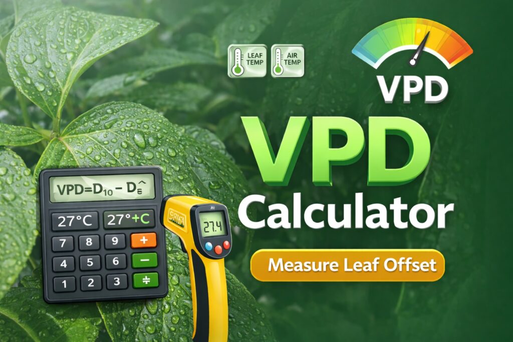 VPD calculator illustration showing plant leaves, infrared thermometer, air and leaf temperature indicators, and vapor pressure deficit gauge.